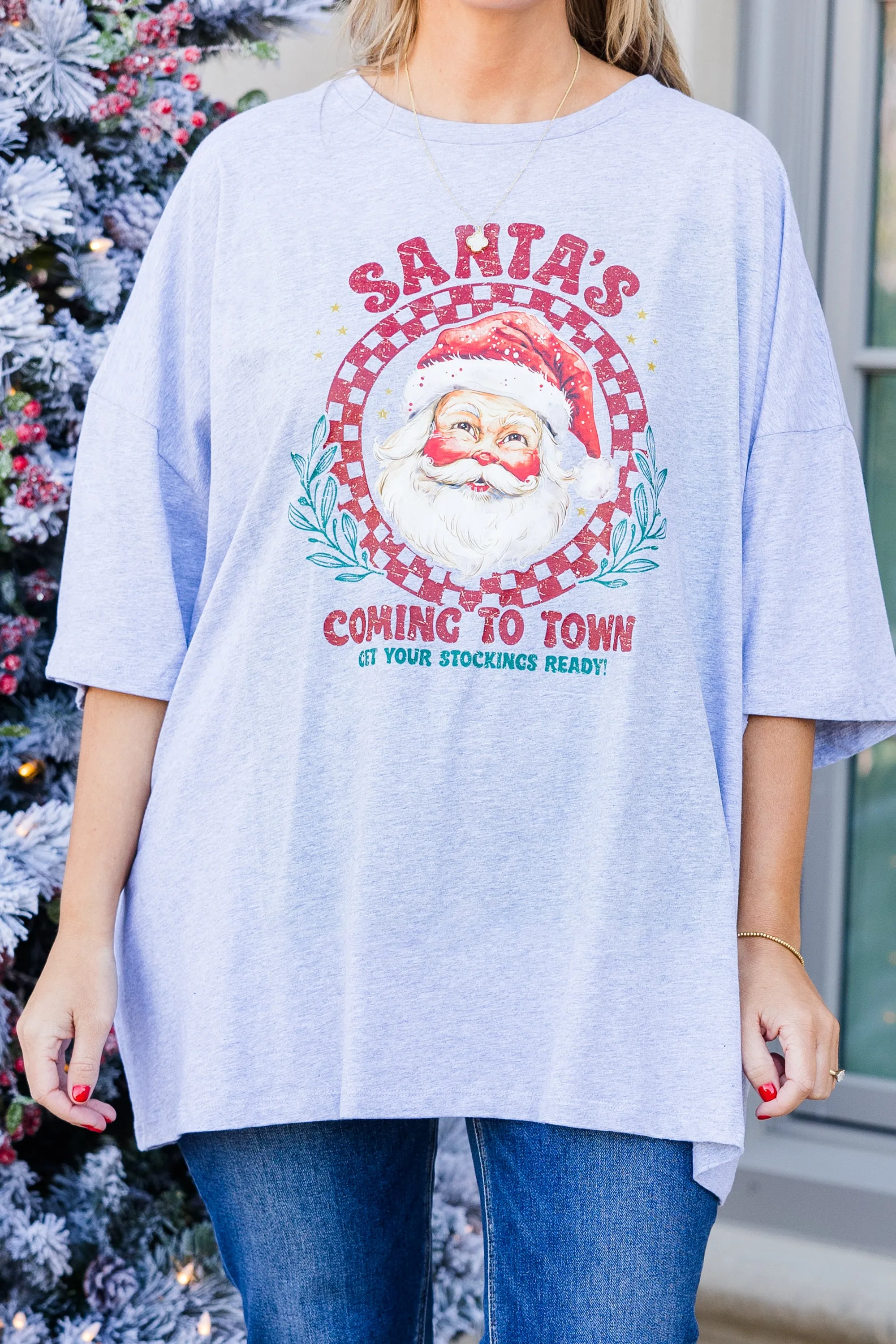 Santa's Coming to Town Boyfriend Tee, Heather Gray