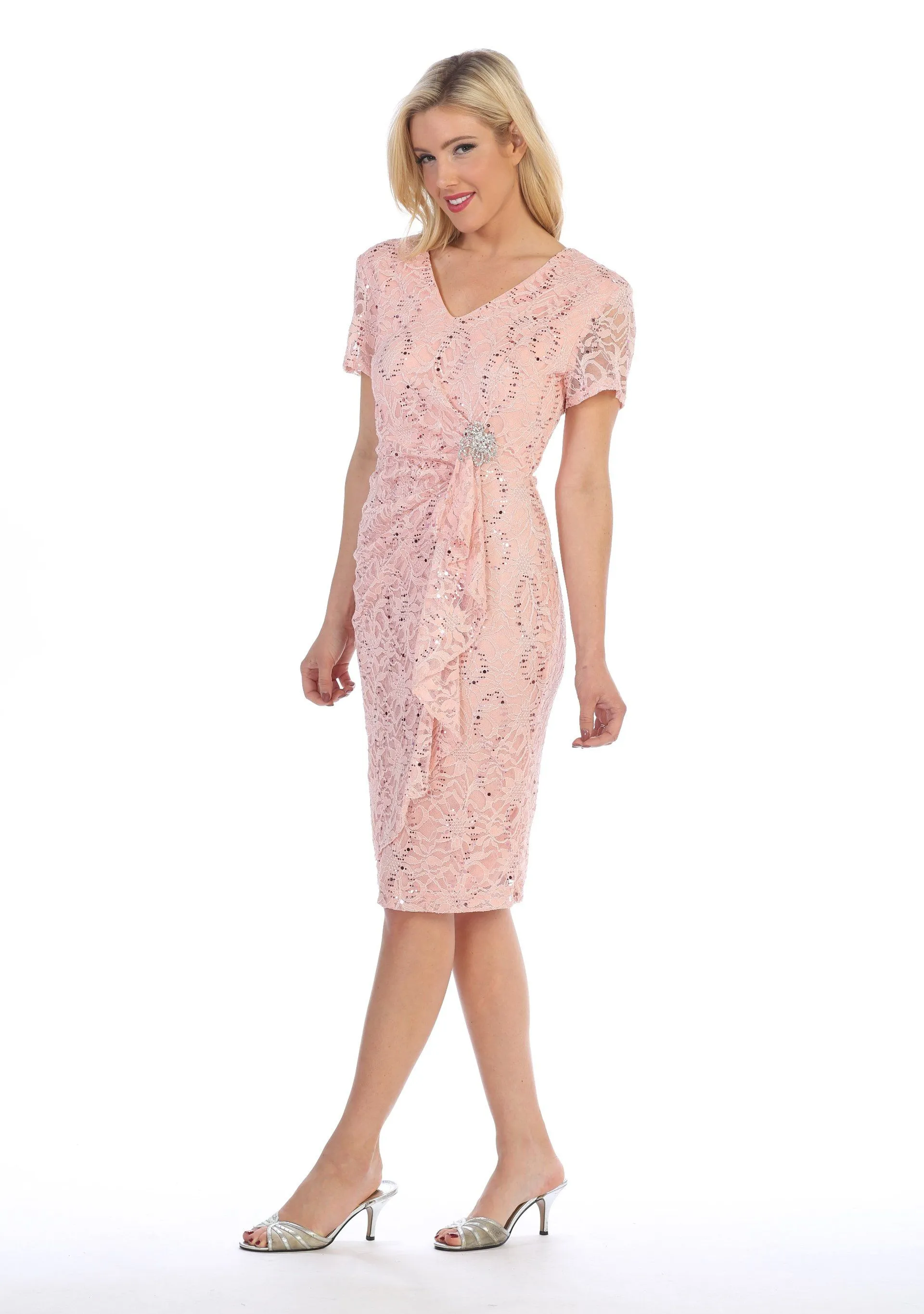 Short Lace V-Neck Dress with Short Sleeves by Celavie 6038