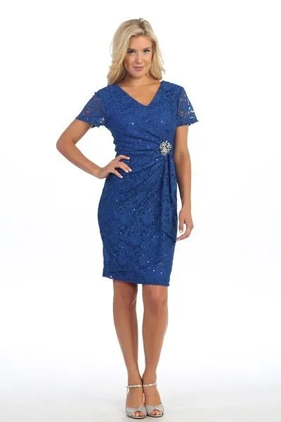 Short Lace V-Neck Dress with Short Sleeves by Celavie 6038