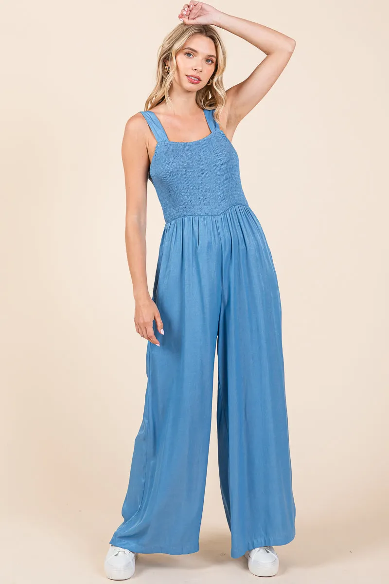 Smocked Strap Wide Leg Pleated Jumpsuit