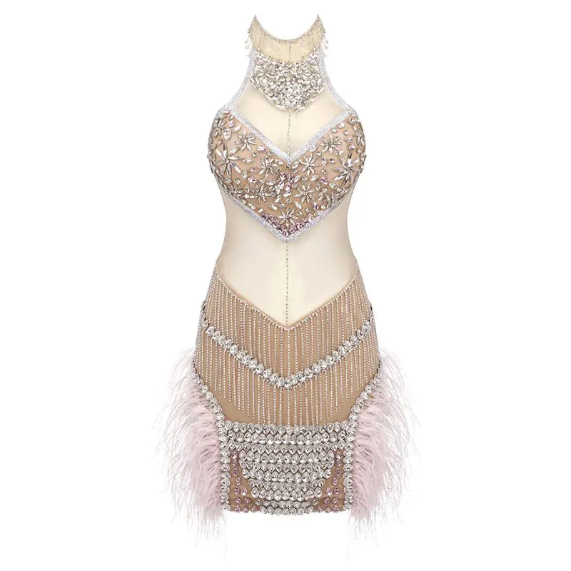 Trend4us Women's Luxury Beaded Crystal Sequined Mini Evening Dress