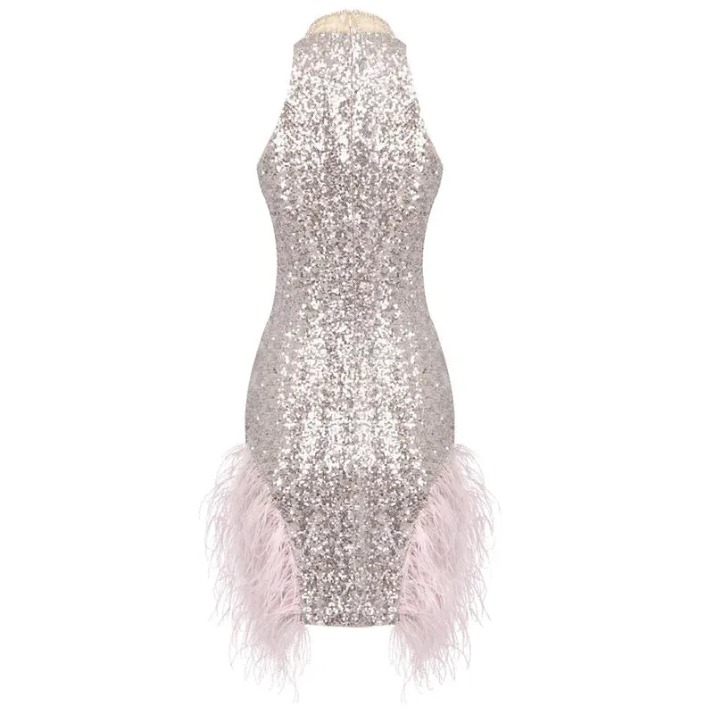 Trend4us Women's Luxury Beaded Crystal Sequined Mini Evening Dress