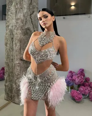 Trend4us Women's Luxury Beaded Crystal Sequined Mini Evening Dress