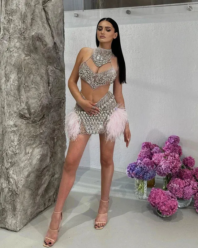 Trend4us Women's Luxury Beaded Crystal Sequined Mini Evening Dress