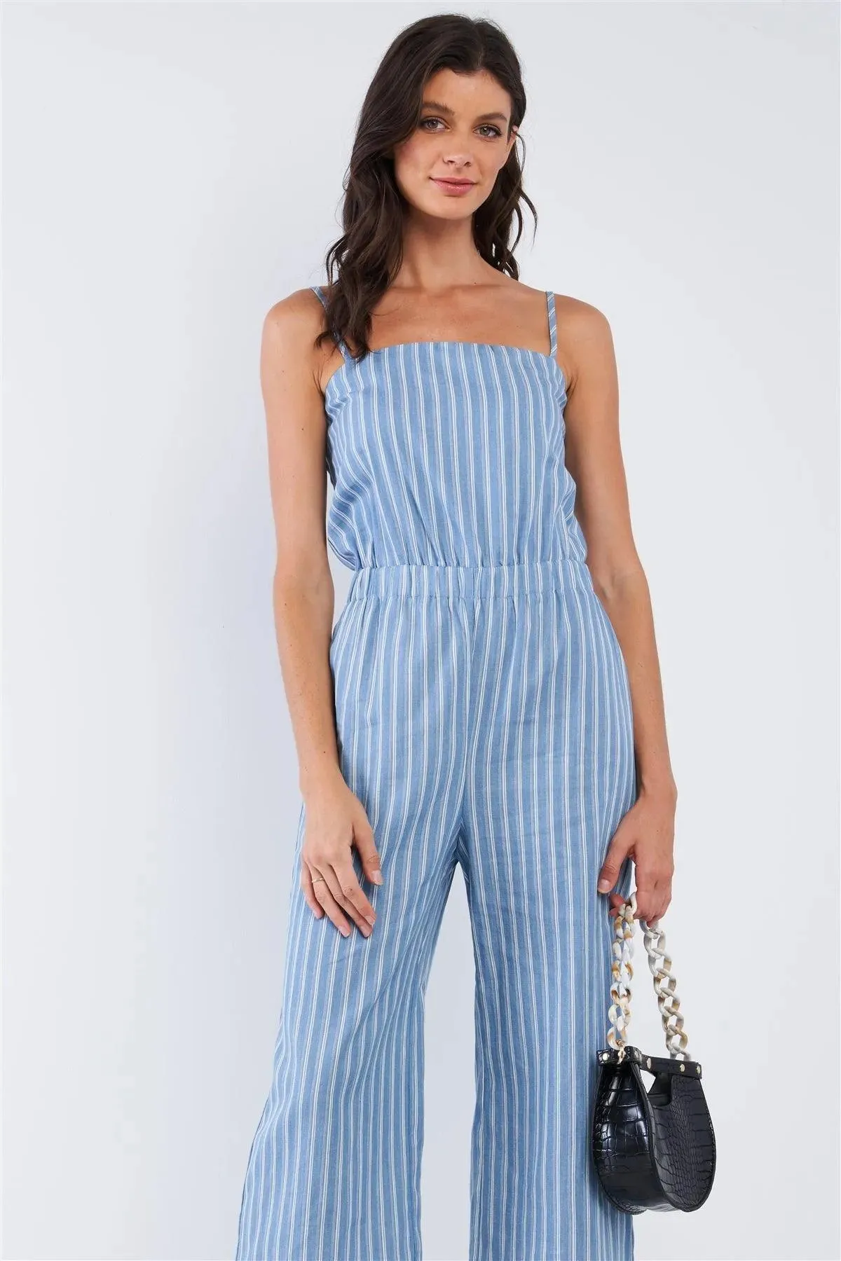 Vacation Vibe Blue And White Striped Sleeveless Stretchy Waistline Smock Back Detail Wide Leg Jumpsuit /1-2-2-1
