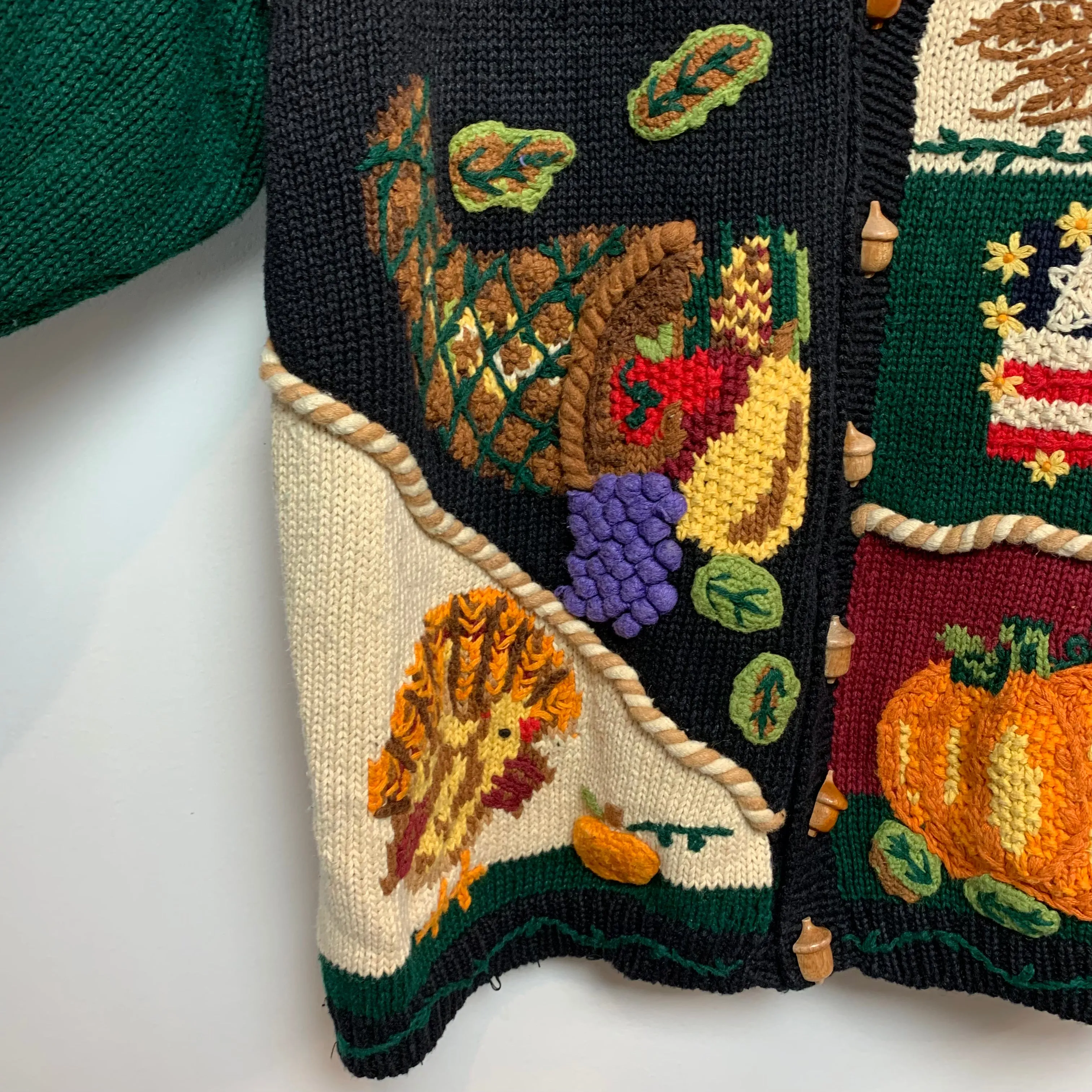 Vintage 90s Eagle's Eye Fall Harvest Thanksgiving Cardigan Sweater Hand Knit 2X