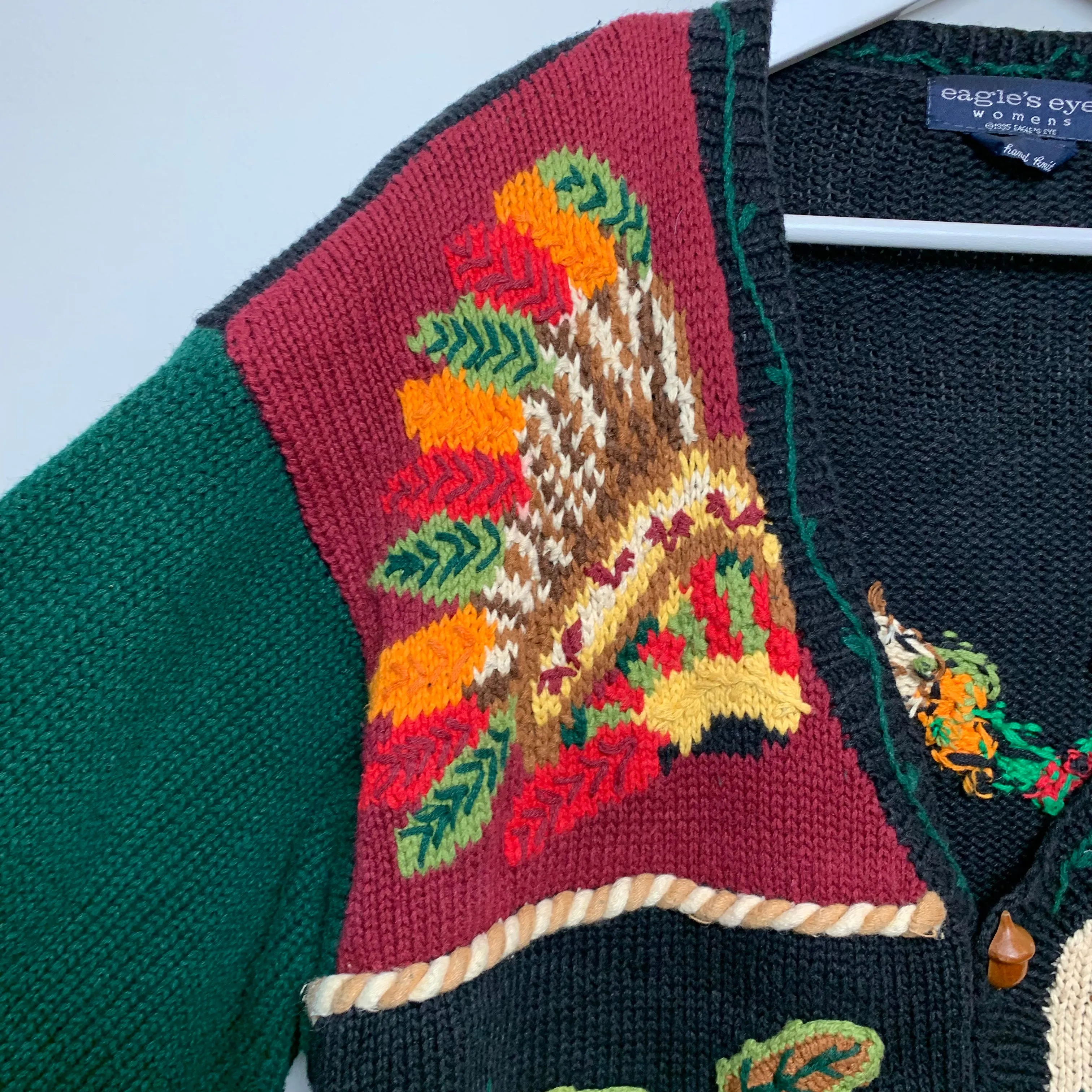 Vintage 90s Eagle's Eye Fall Harvest Thanksgiving Cardigan Sweater Hand Knit 2X
