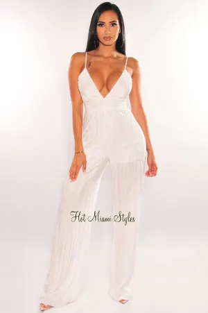 White Spaghetti Straps V Neck Pleated Belted Wide Leg Jumpsuit