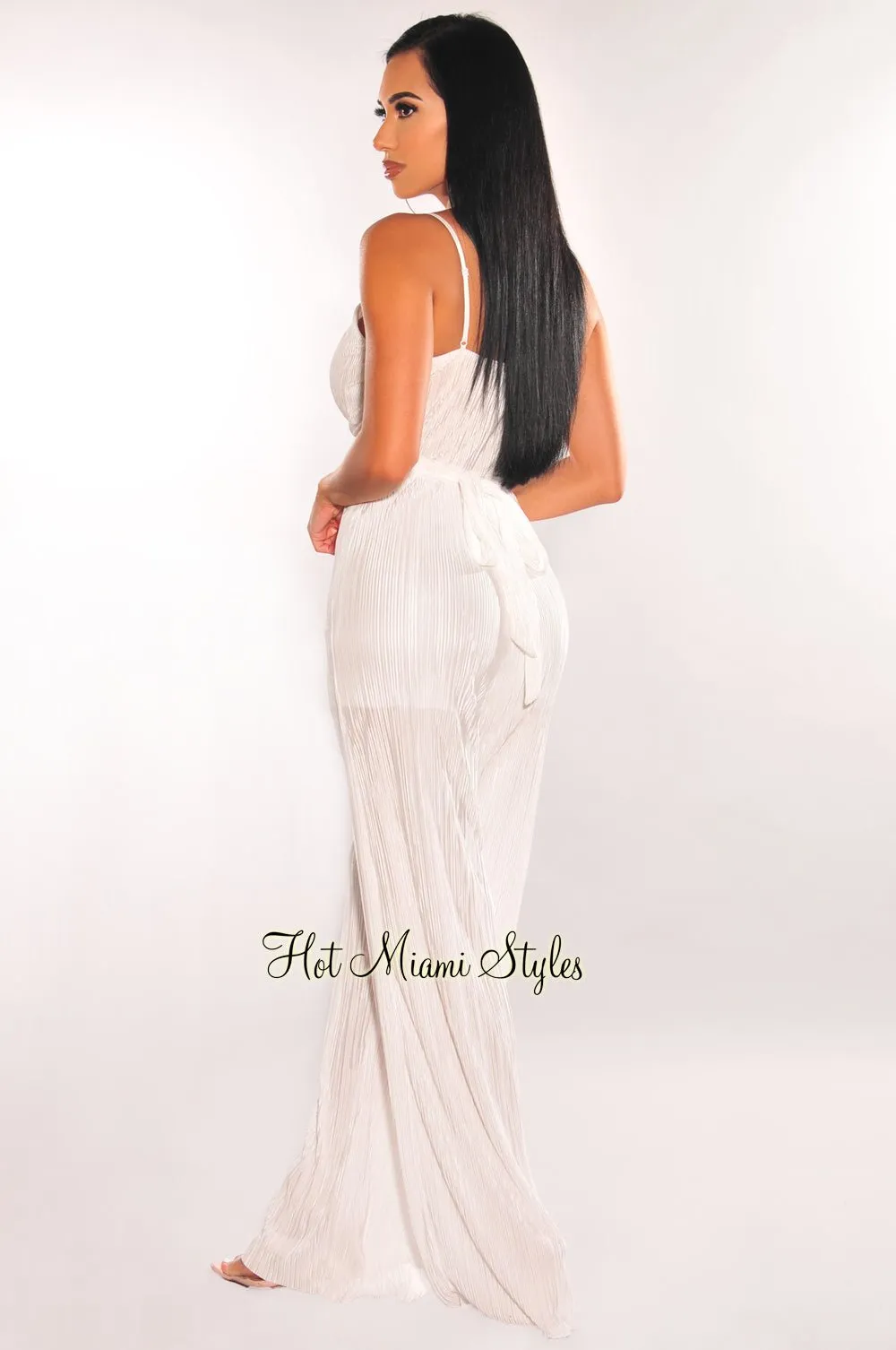 White Spaghetti Straps V Neck Pleated Belted Wide Leg Jumpsuit