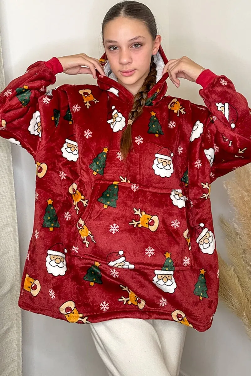 WINE PRINTED JUNIOR OVERSIZED XMAS HOODED SNUGGLE