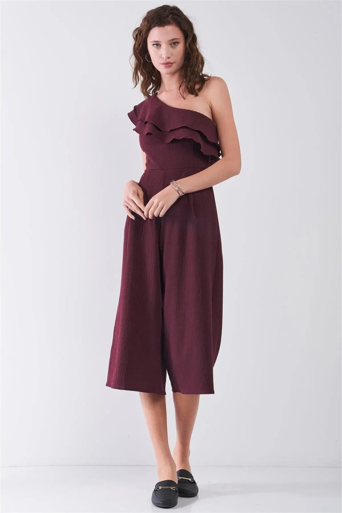 Wine Red Sleeveless One-Shoulder Ruffle Detail Wide Leg Midi Jumpsuit /3-2-1