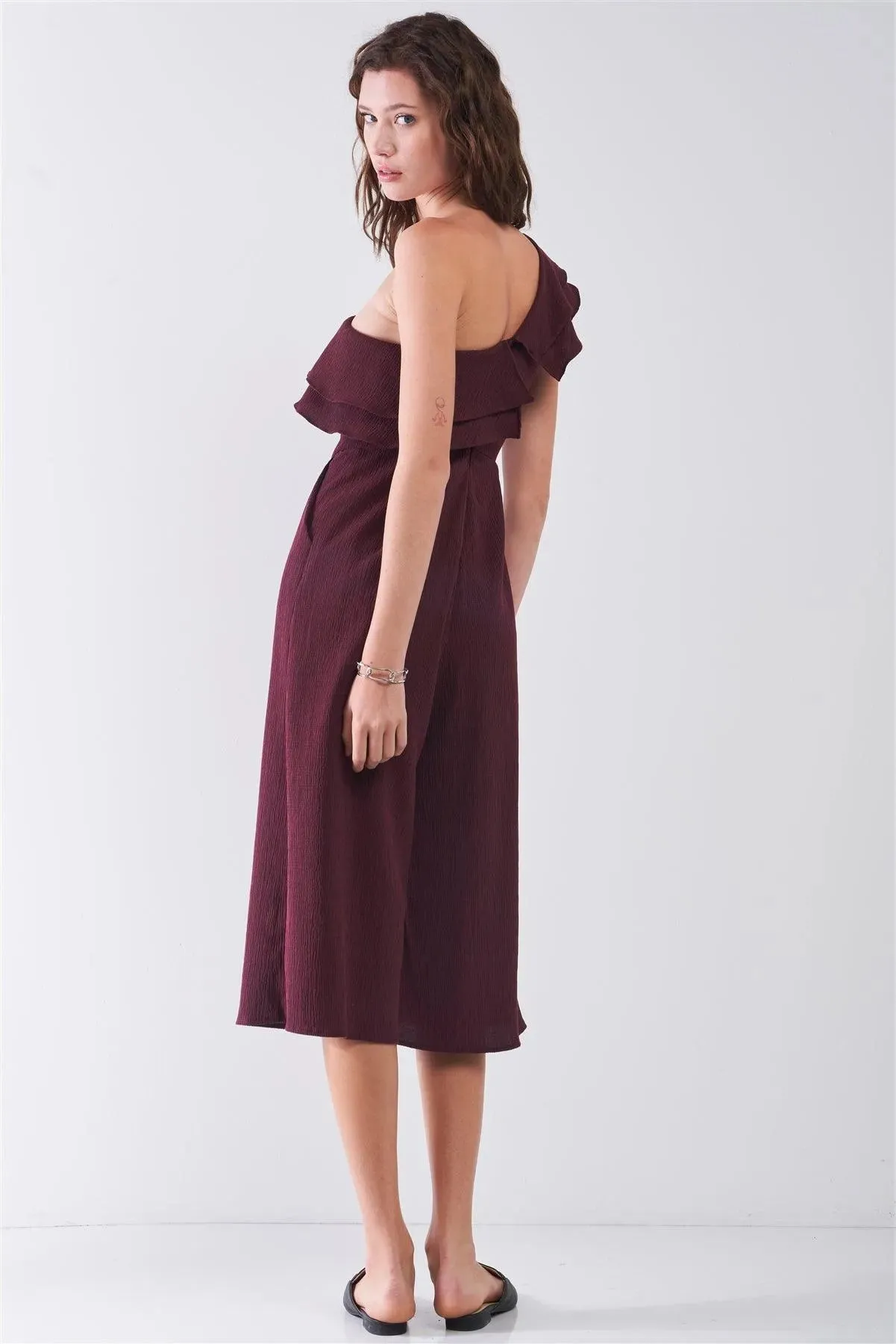 Wine Red Sleeveless One-Shoulder Ruffle Detail Wide Leg Midi Jumpsuit /3-2-1