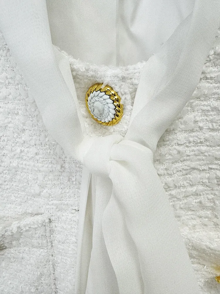 Women Tweed White Long Sleeves Above the Knee Dress with Faux Feather Hem
