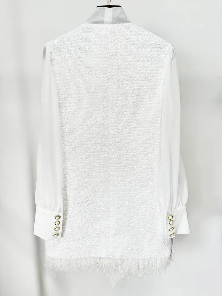 Women Tweed White Long Sleeves Above the Knee Dress with Faux Feather Hem