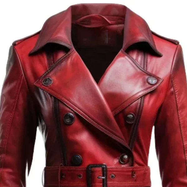 Women's Red Vire Long Fashionable Leather Coat