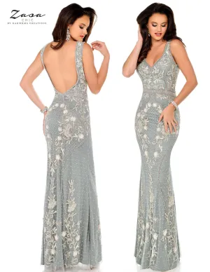 Zasa Chic 2078 Size 6 Light Grey Long Beaded V Neck Formal Dress Embellished Gown